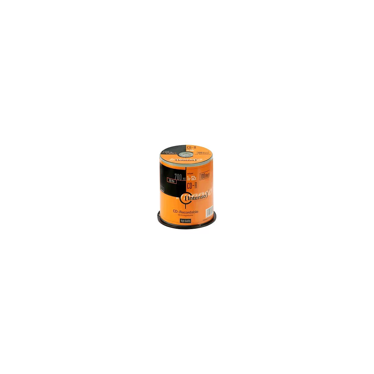 Eine zylindrische CD-R-Packung in Orange und Schwarz. Aufschrift: 'Intenso', 'CD-R', '100 Discs'.