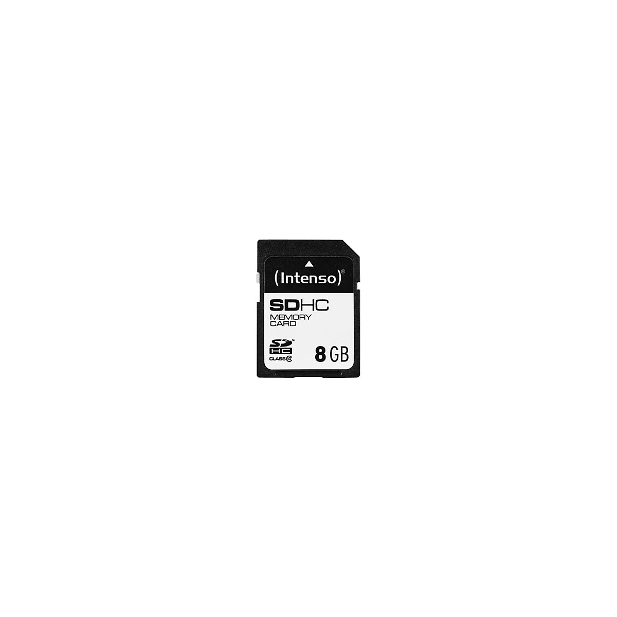 Schwarze SDHC-Speicherkarte von Intenso. Aufschrift: SDHC Memory Card, 8GB und Logo.