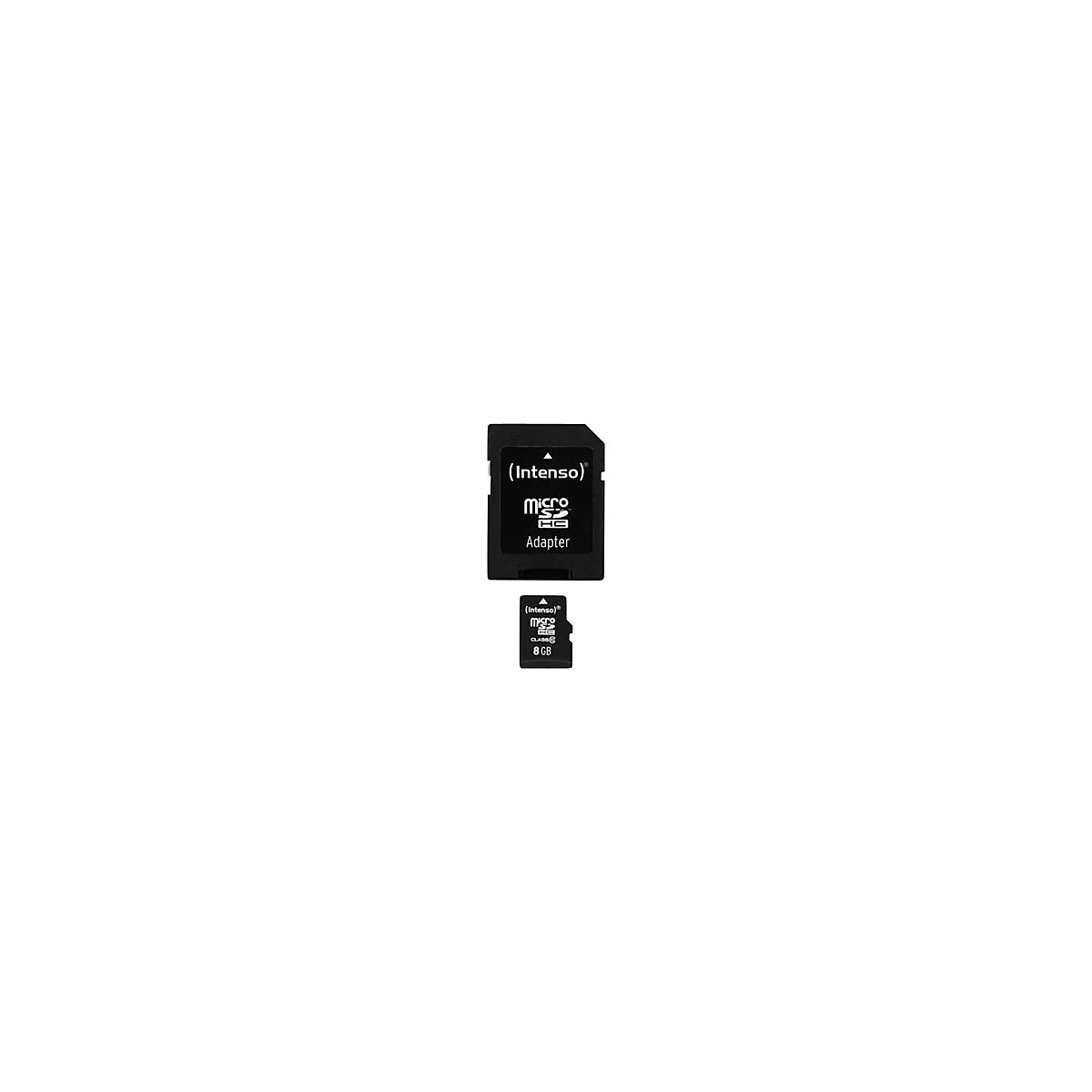 Ein schwarzer SD-Karten-Adapter und eine Micro-SD-Karte mit Aufdruck "Intenso Micro SD HC Adapter" und "8 GB".