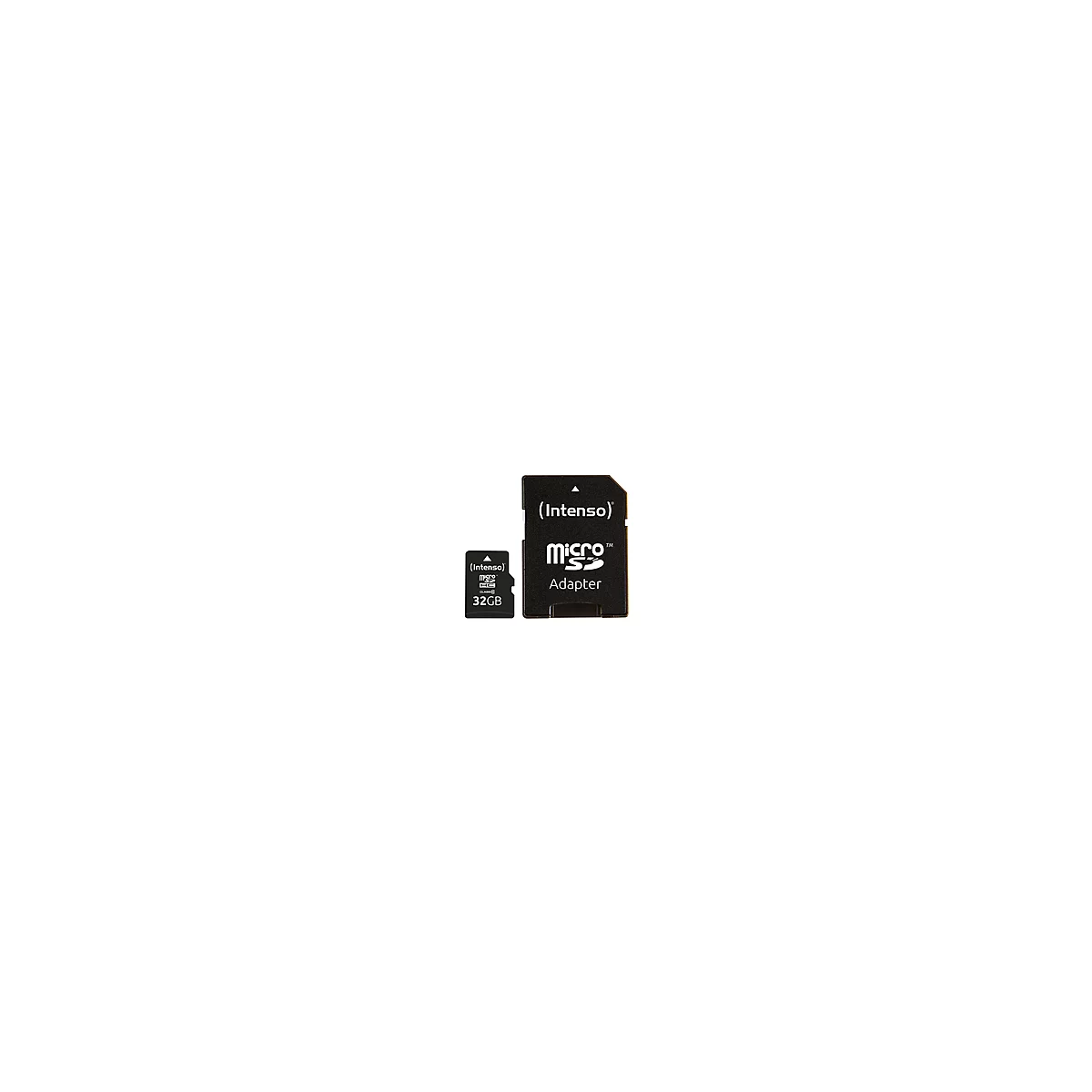 Eine schwarze Micro-SD-Karte und ein Adapter der Marke Intenso. Auf der Karte steht "32GB".