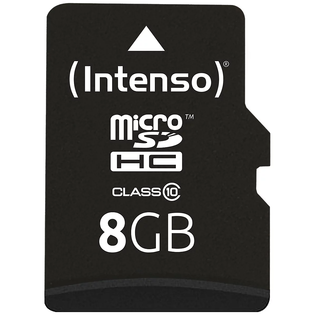 Schwarze microSDHC-Speicherkarte mit weißem Text. Oben steht (Intenso), darunter micro SD HC, Class 10, 8GB. Oben ein weißer Pfeil.