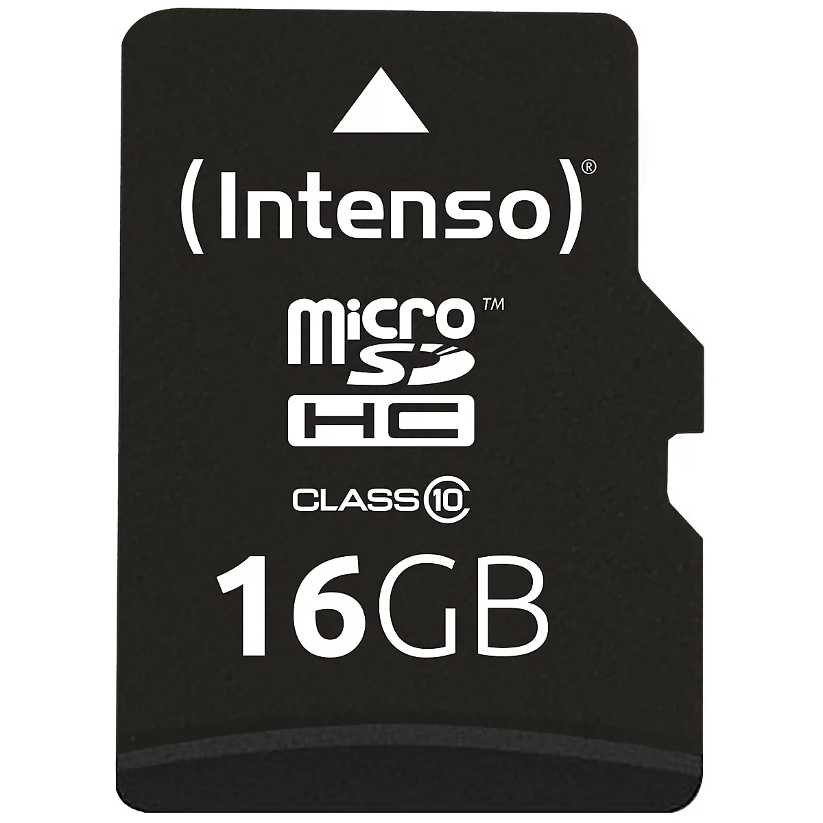 Schwarze microSD-Karte mit weißem Text. Oben steht (Intenso). Darunter: Micro SD HC. Am unteren Rand: CLASS 10 und 16 GB.