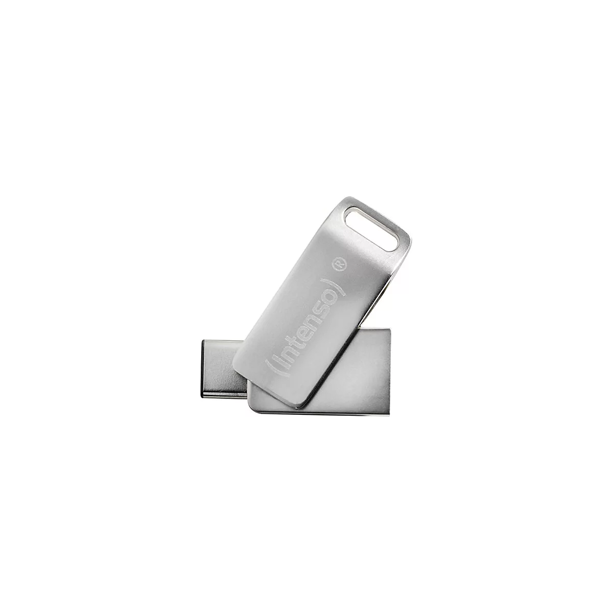 Silberner USB-Stick von Intenso, nah, mit Schlaufe.