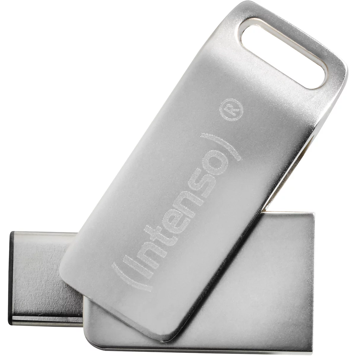 Zwei silberfarbene USB-Sticks liegen übereinander, einer mit der Aufschrift "(Intenso)".