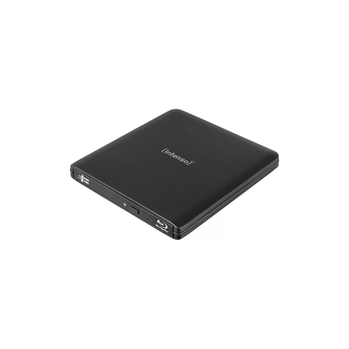 Schwarzes, quadratisches externes Blu-ray-Laufwerk von Intenso auf weißem Hintergrund.