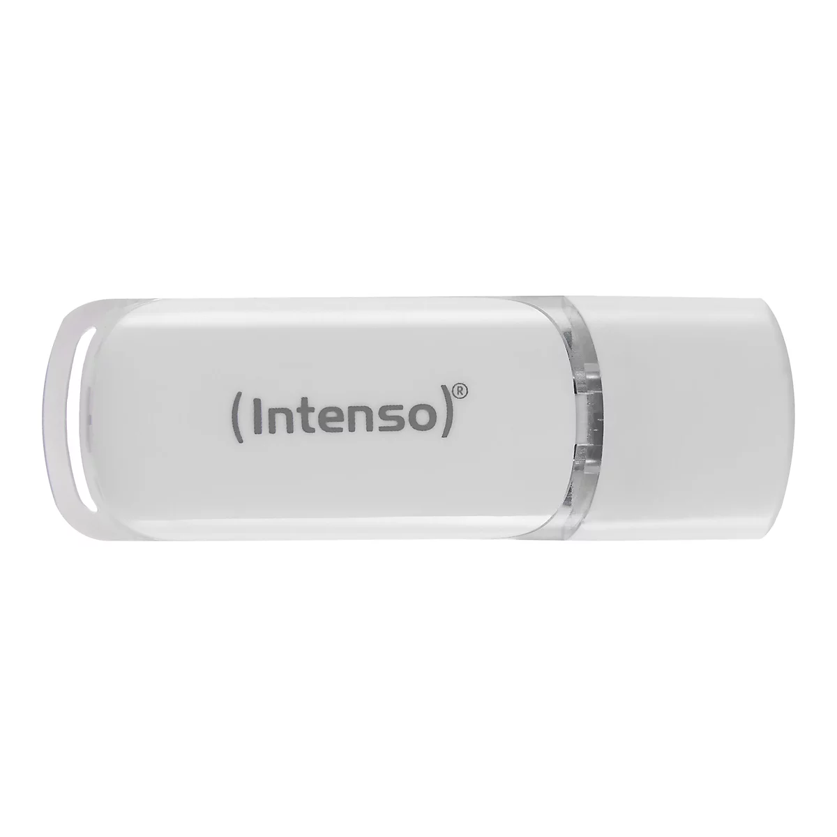 Weißer USB-Stick mit abgerundeten Kanten. Auf der Oberseite steht der Schriftzug "(Intenso)".