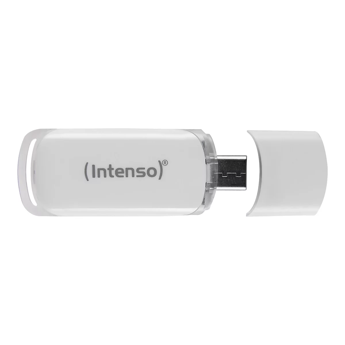 Weißer USB-Stick mit abgenommener Kappe. Auf dem Stick steht in Grau (Intenso)®.