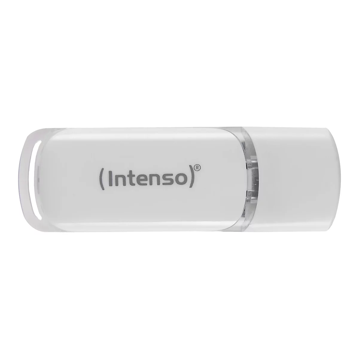 Ein weißer USB-Stick mit dem Schriftzug (Intenso)®.