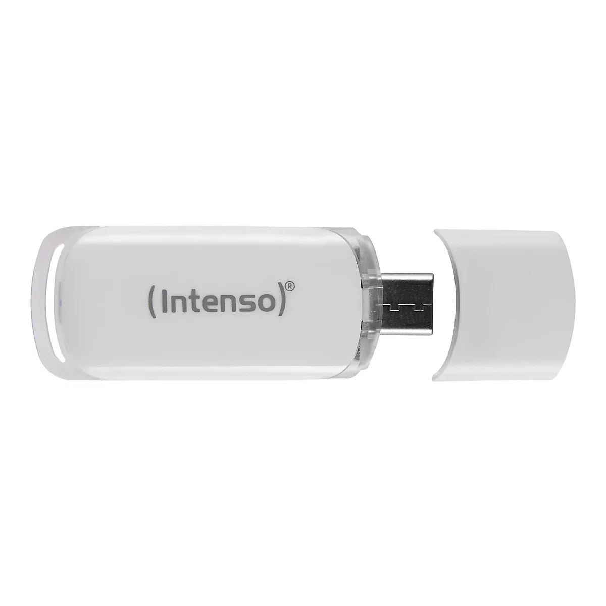 Weißer USB-Stick mit abgenommener Kappe. Auf dem Stick steht ' (Intenso)'.