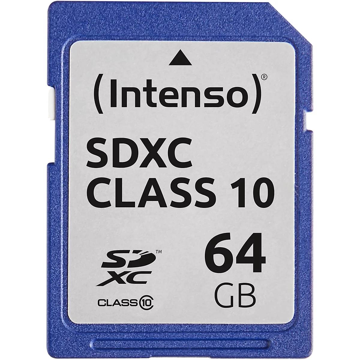 Blaue Intenso SDXC Class 10 Speicherkarte mit 64GB. Aufschrift: SDXC Class 10.