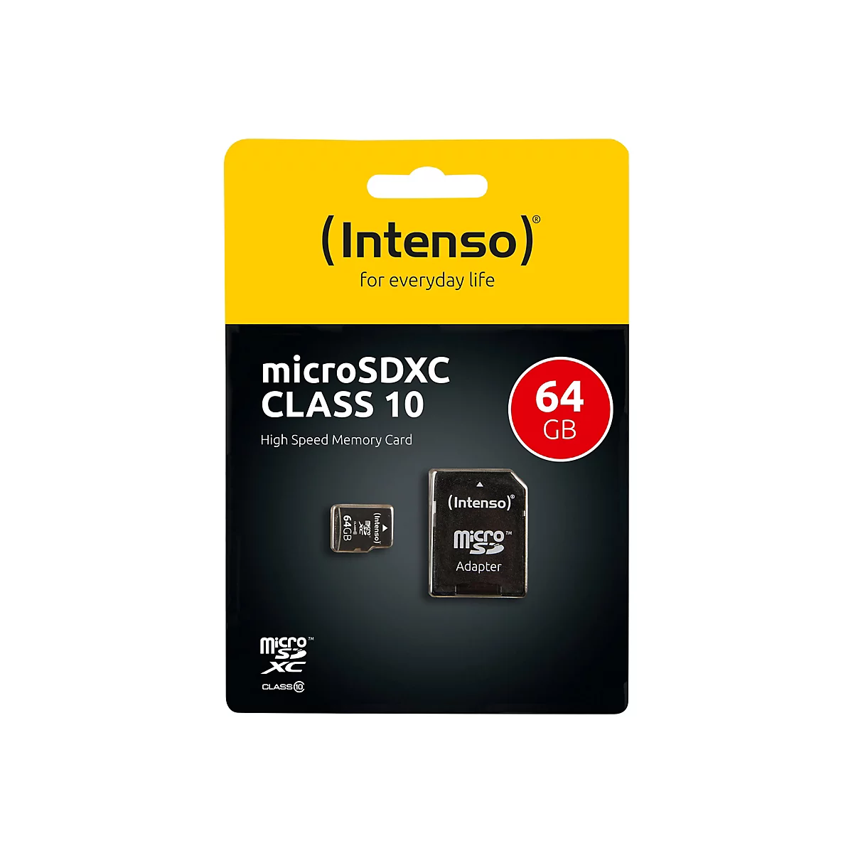 Verpackung einer Intenso microSDXC-Speicherkarte. Auf schwarzem Hintergrund sind die Karte und der Adapter abgebildet.