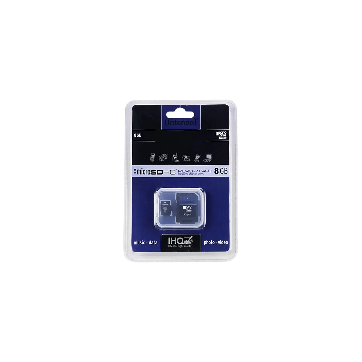 Intenso 8 GB microSDHC Speicherkarte in Originalverpackung auf weißem Hintergrund.