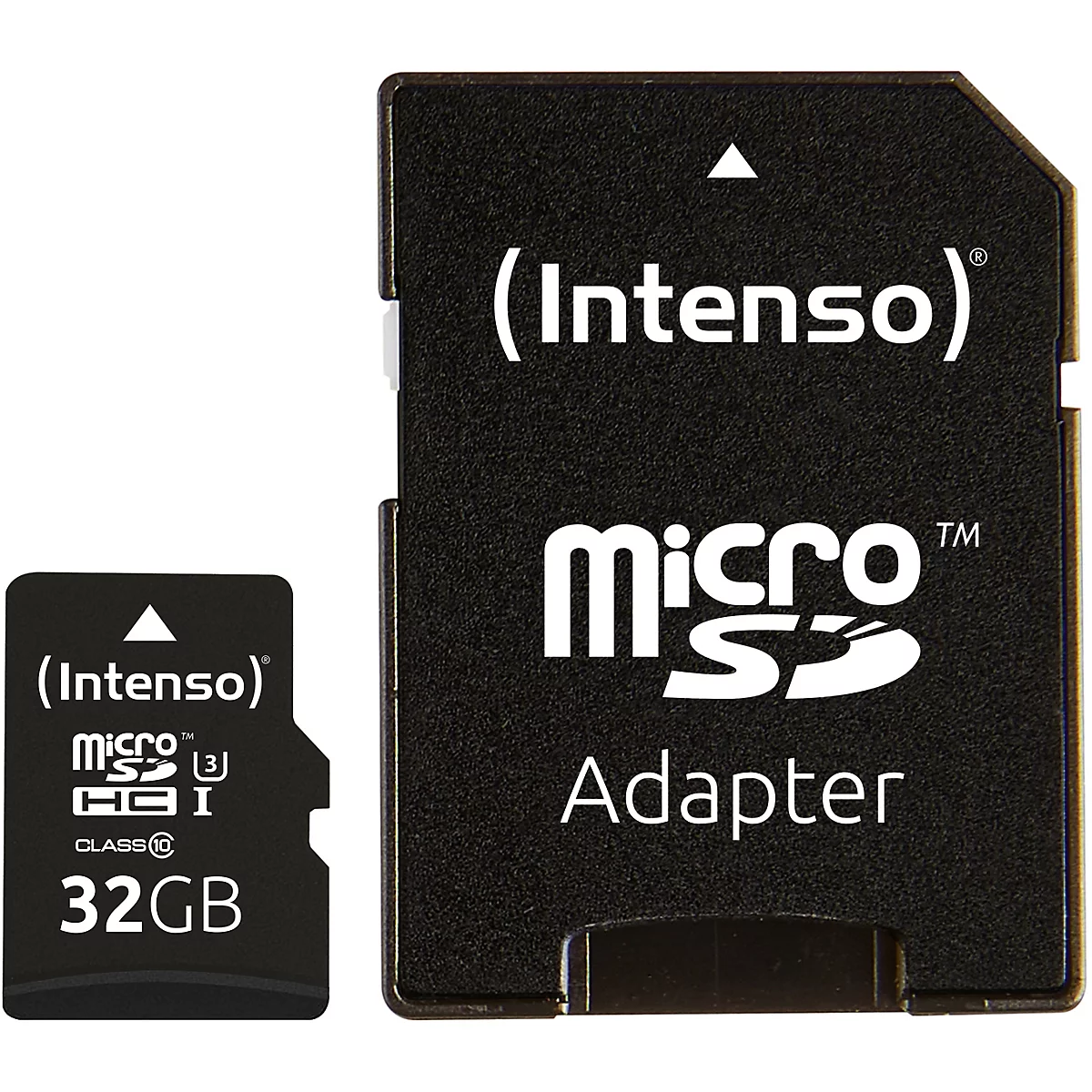 Ein schwarzer SD-Karten-Adapter und eine Micro-SD-Karte mit weißem Text: (Intenso), Micro SD, 32GB.