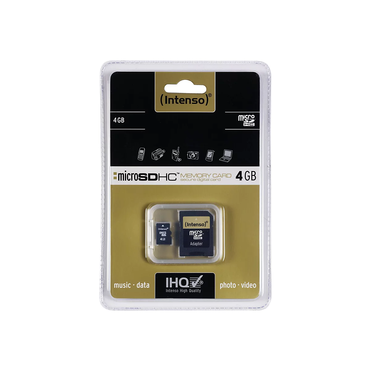 Intenso microSDHC Speicherkarte, 4 GB, verpackt. Die Karte ist in einer transparenten Plastikverpackung mit schwarzem Hintergrund eingeschlossen.