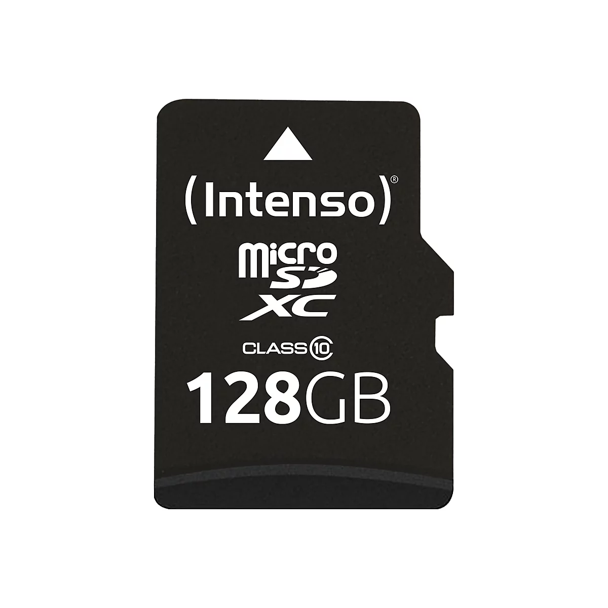 Schwarze microSD-Karte mit weißem Aufdruck. Aufschrift: (Intenso) micro SDXC CLASS 10 128GB.