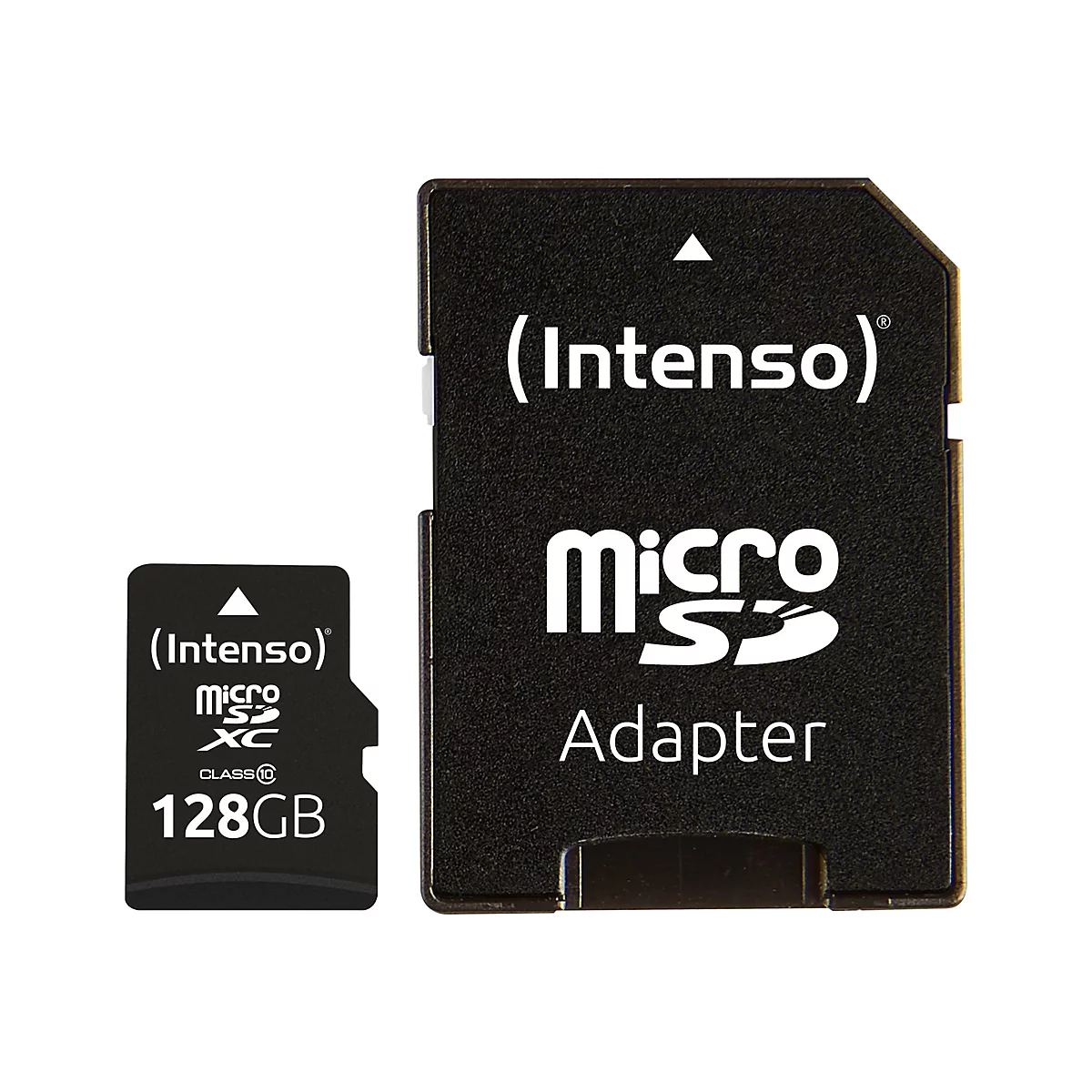 Eine schwarze SD-Karte mit Adapter, auf der "(Intenso)", "Micro S", "Adapter" und "128GB" steht.