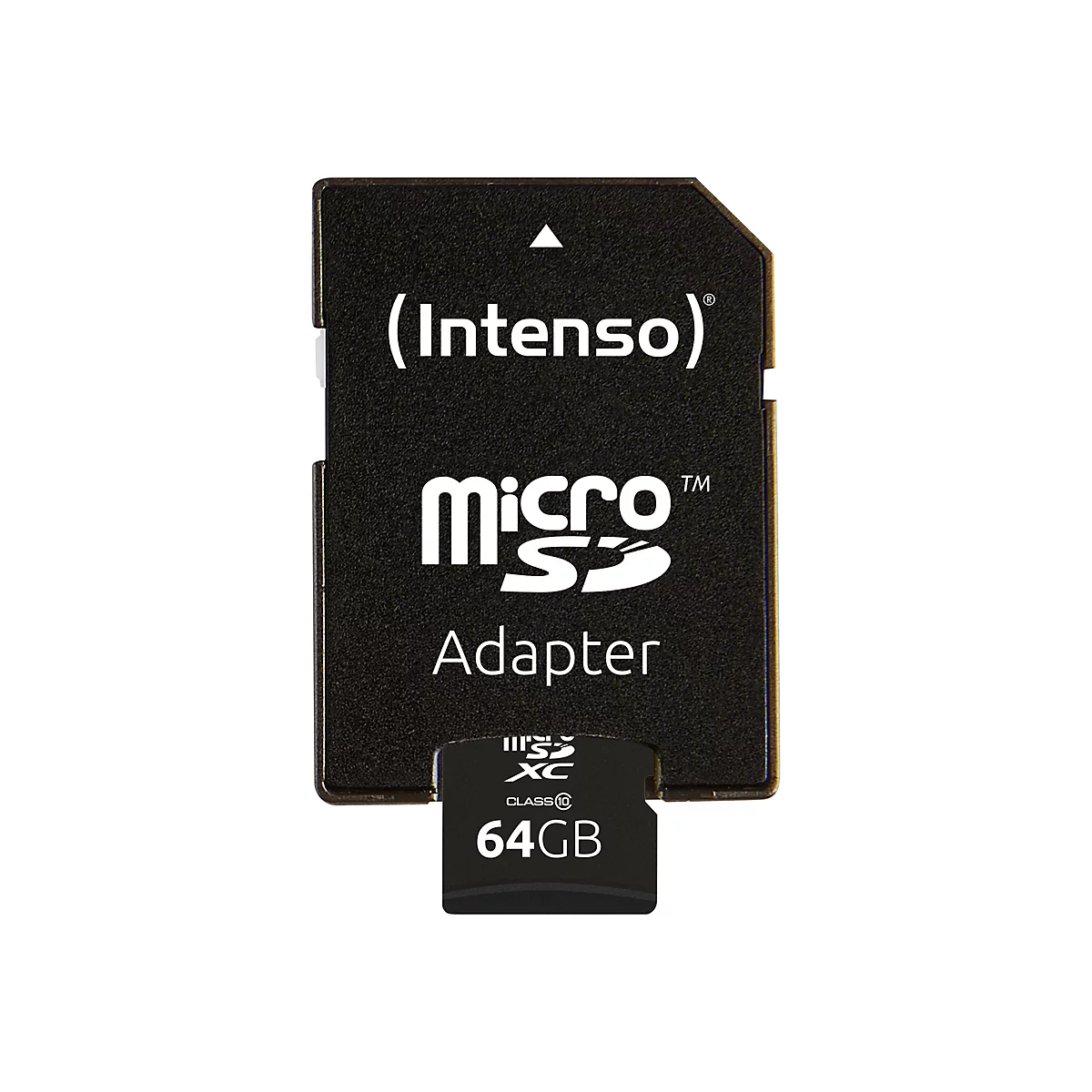 Schwarzer Intenso Micro-SD Adapter. Aufschrift: Micro SD Adapter. Kapazität: 64 GB.