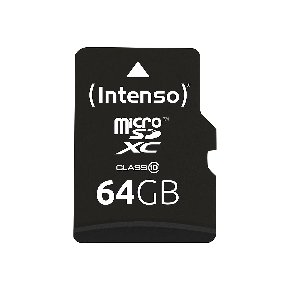 Schwarze SD-Karte mit weißem Text. Oben steht der Markenname Intenso, darunter micro SDXC, Class 10 und 64GB.