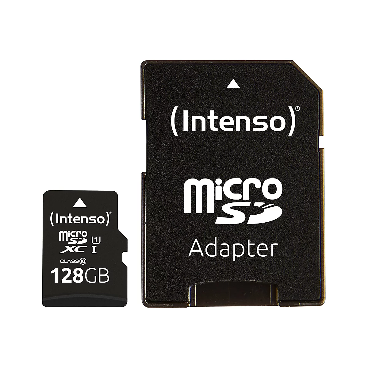 Ein schwarzer SD-Karten-Adapter und eine Micro-SD-Karte. Beide zeigen den Schriftzug "Intenso" und Logos. Die Micro-SD-Karte zeigt die Kapazität von 128 GB.