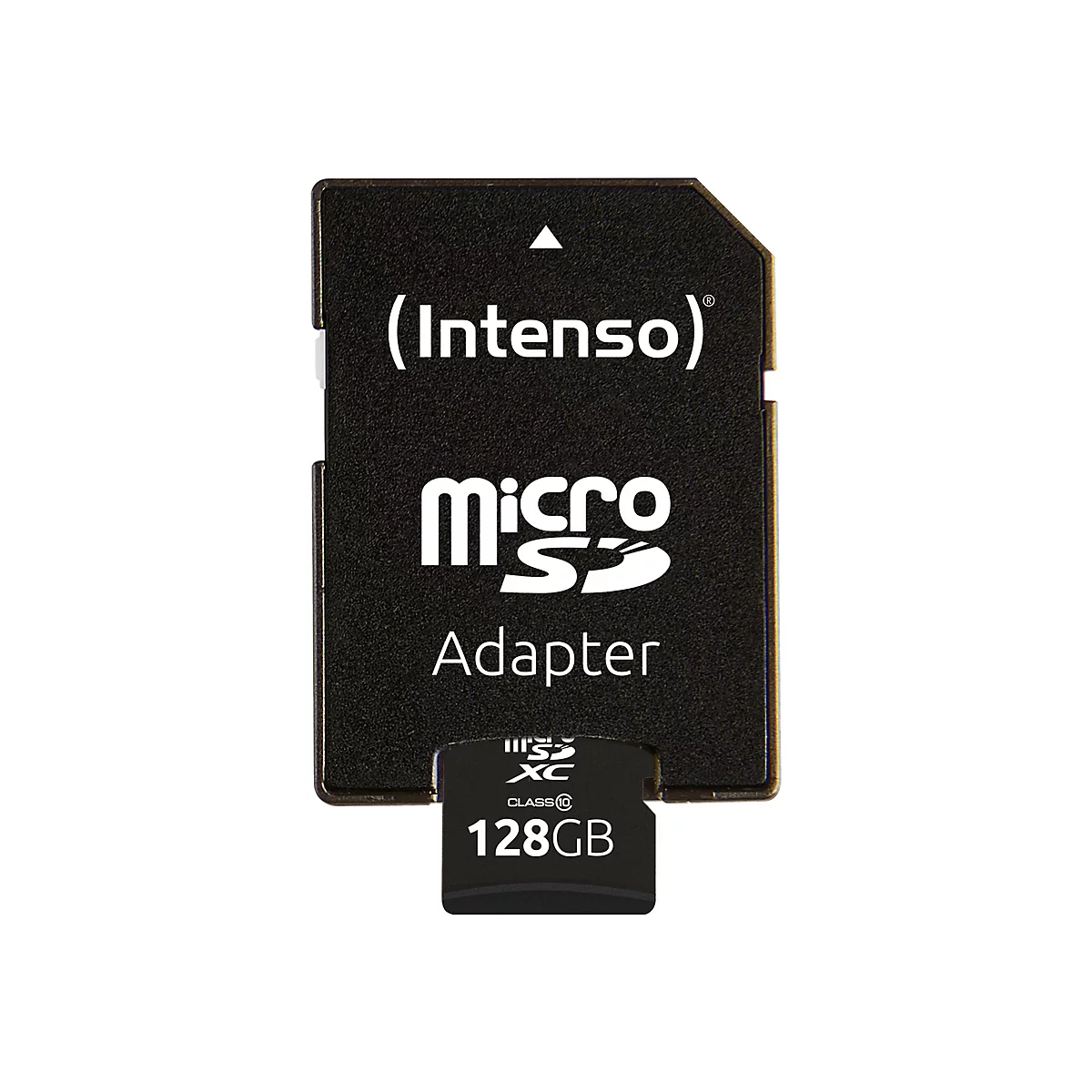 Schwarzer Intenso Micro SD Adapter mit weißem Schriftzug, 128GB.