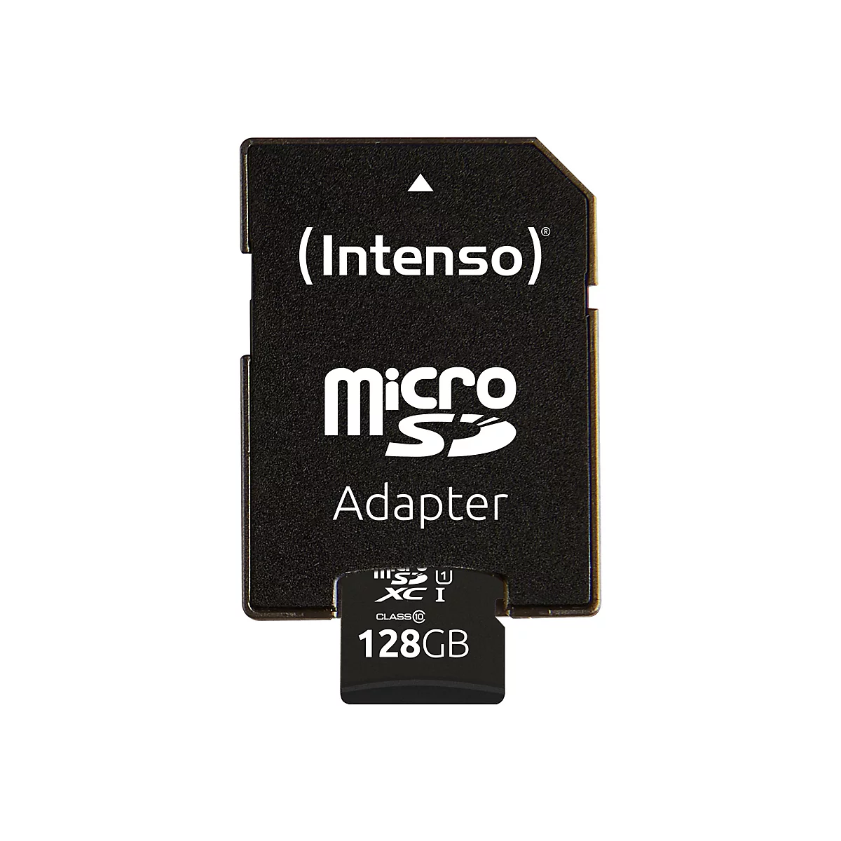 Schwarzer MicroSD-Adapter mit weißem Schriftzug, Aufschrift: (Intenso) micro SD Adapter 128GB.