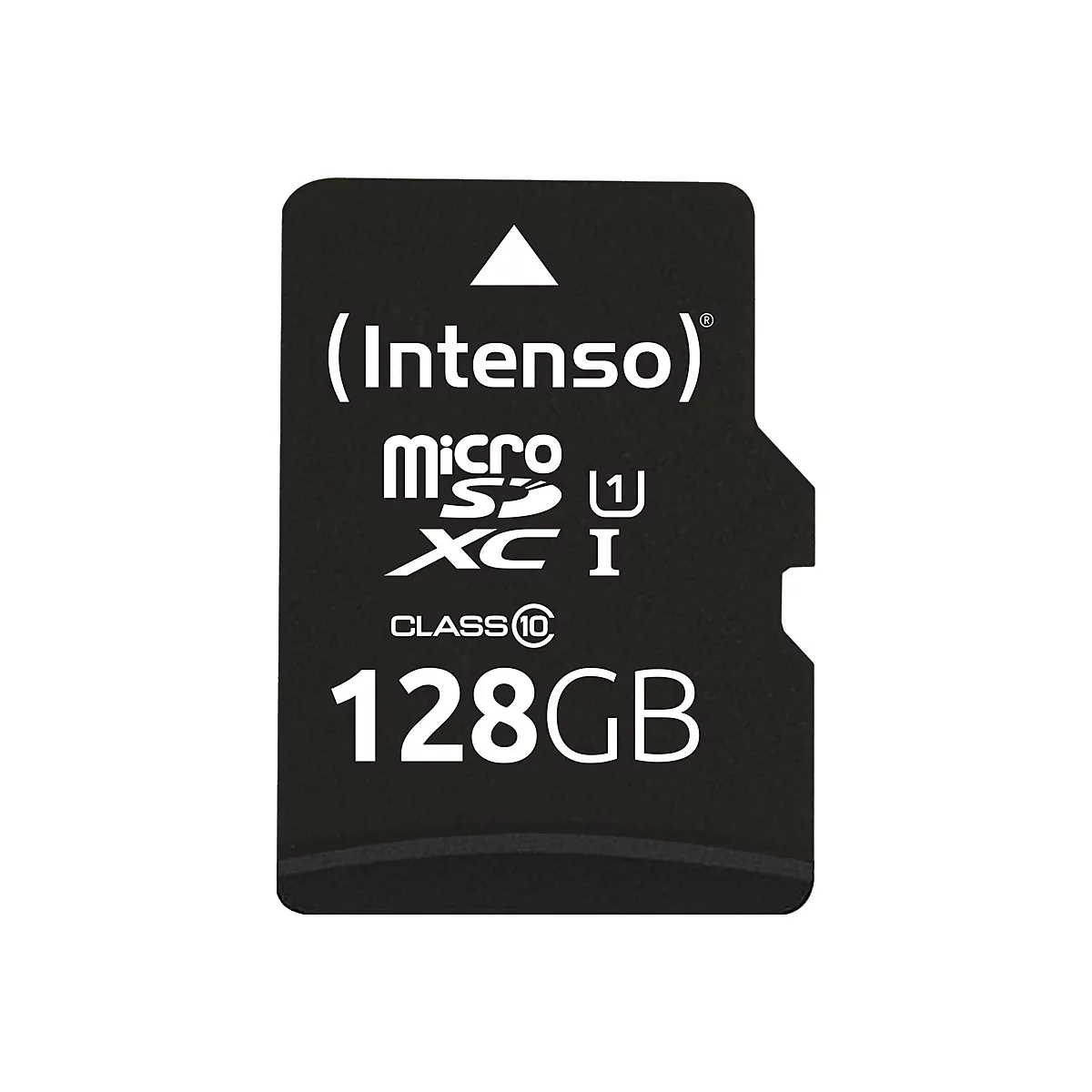Schwarze microSDXC Speicherkarte, weißer Schriftzug: (Intenso), Micro SD, XC I, Class 10, 128GB.