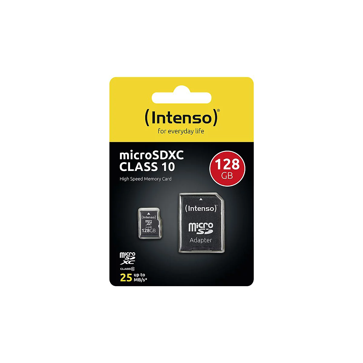 Verpackung einer microSDXC-Speicherkarte von Intenso. Die Karte und ein Adapter sind abgebildet, mit Text Ã¼ber KapazitÃ¤t und Geschwindigkeit.