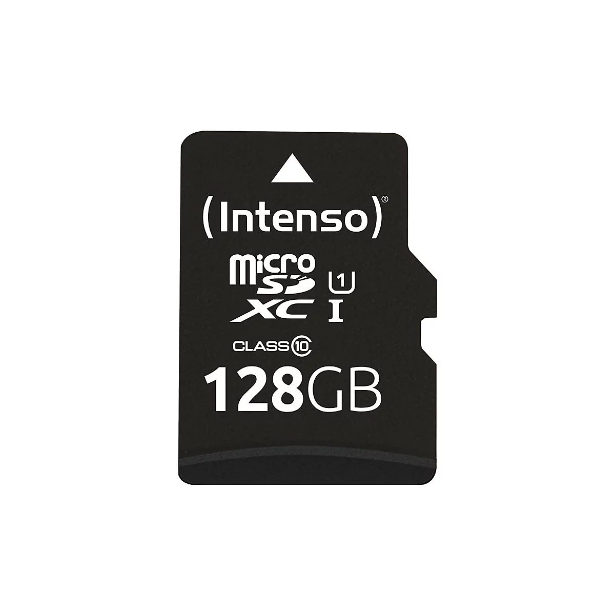 Schwarze Micro-SD-Karte mit weiÃŸer Schrift. Aufschrift: Intenso, Micro SDXC I, 128GB.