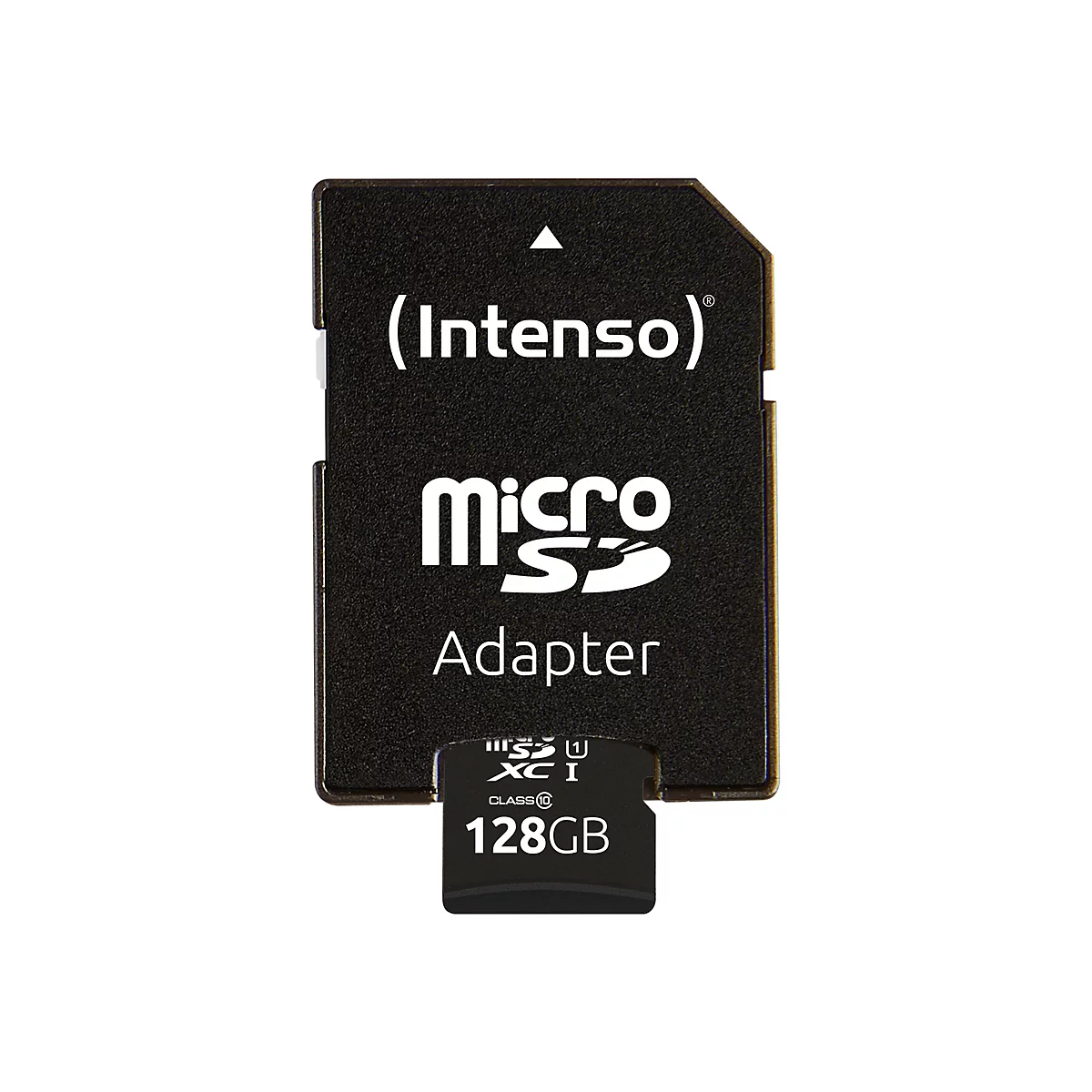 Schwarzer SD-Kartenadapter mit eingesteckter 128 GB MicroSD-Karte von Intenso.
