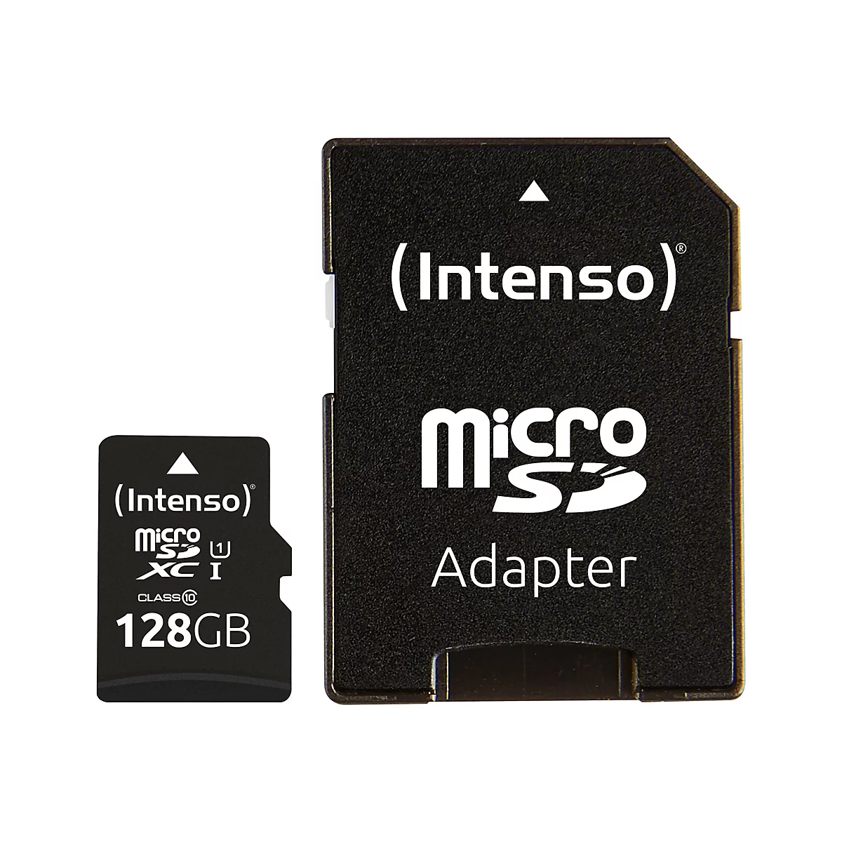 Intenso Micro-SD-Karte mit 128 GB Speicher und passendem Adapter vor weißem Hintergrund.