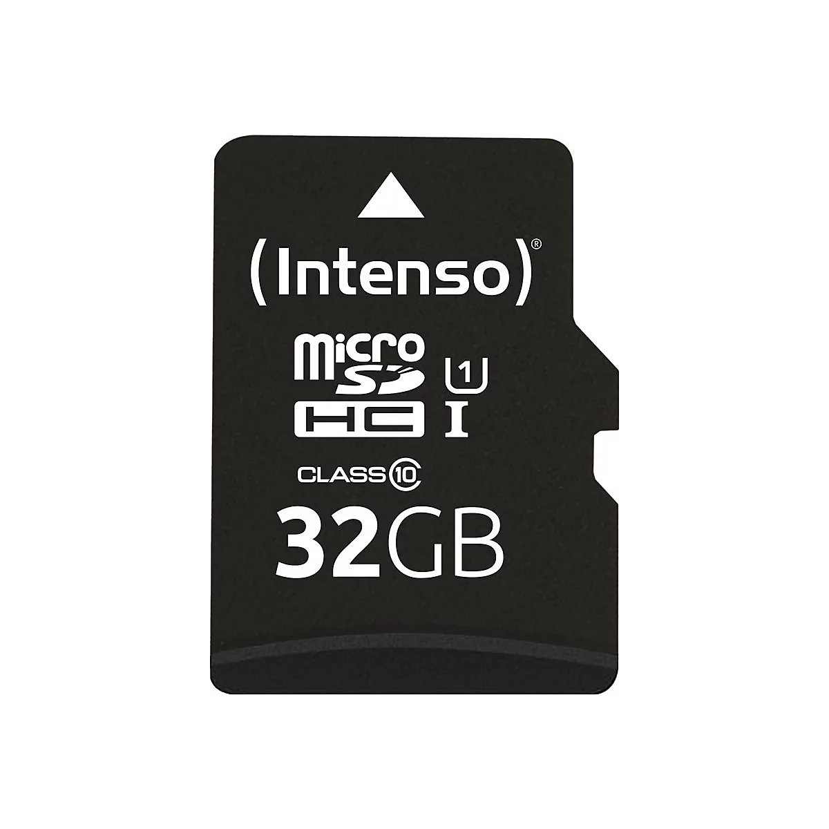 Schwarze Micro-SD-Karte von Intenso mit 32GB SpeicherkapazitÃ¤t. Beschriftet mit Logos und Text.
