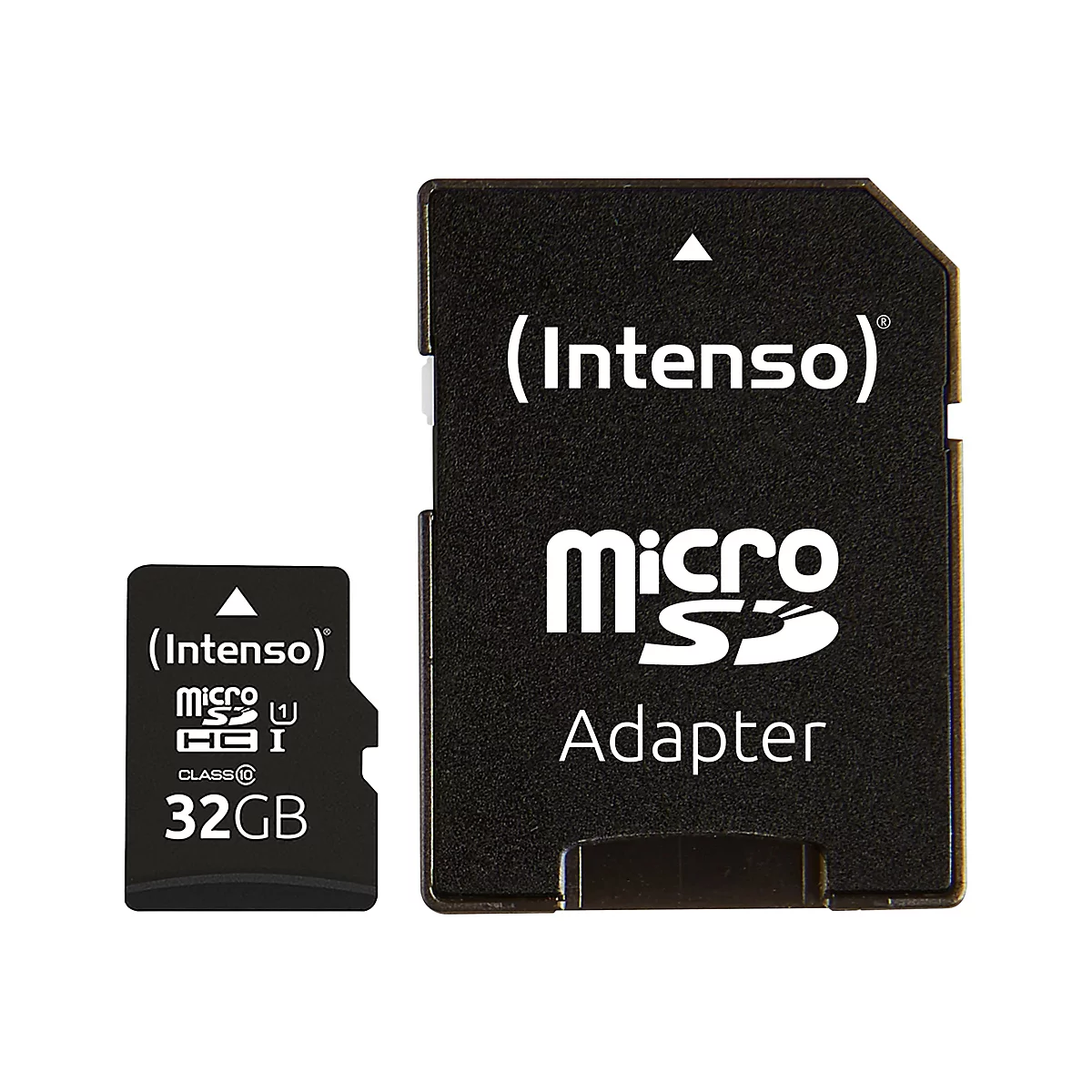 Schwarze Intenso MicroSD-Karte und Adapter. Beide mit weiÃŸer Schrift und einem KapazitÃ¤tsaufdruck von 32GB.