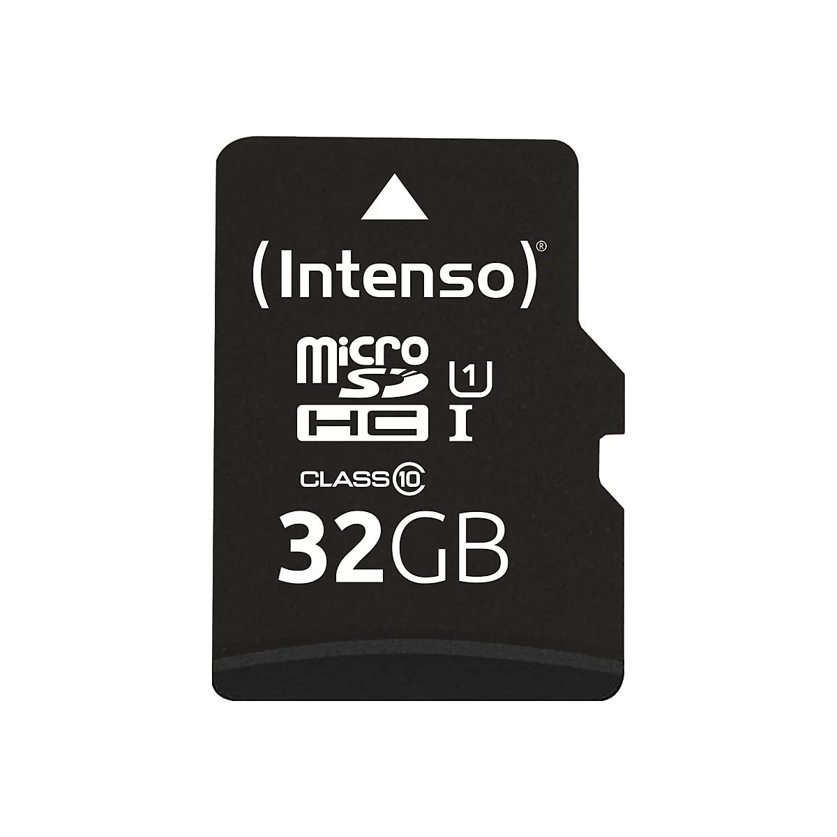 Schwarze Micro-SD-Karte mit weiÃŸer Schrift: Marke Intenso, 32GB, Klassifizierung und Symbolen.