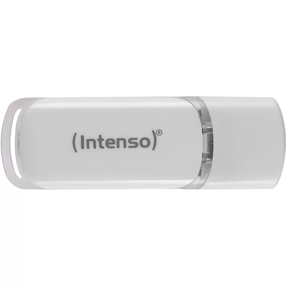 Weißer USB-Stick mit abgerundeten Kanten. Auf der Oberseite steht in grau '(Intenso)®'.
