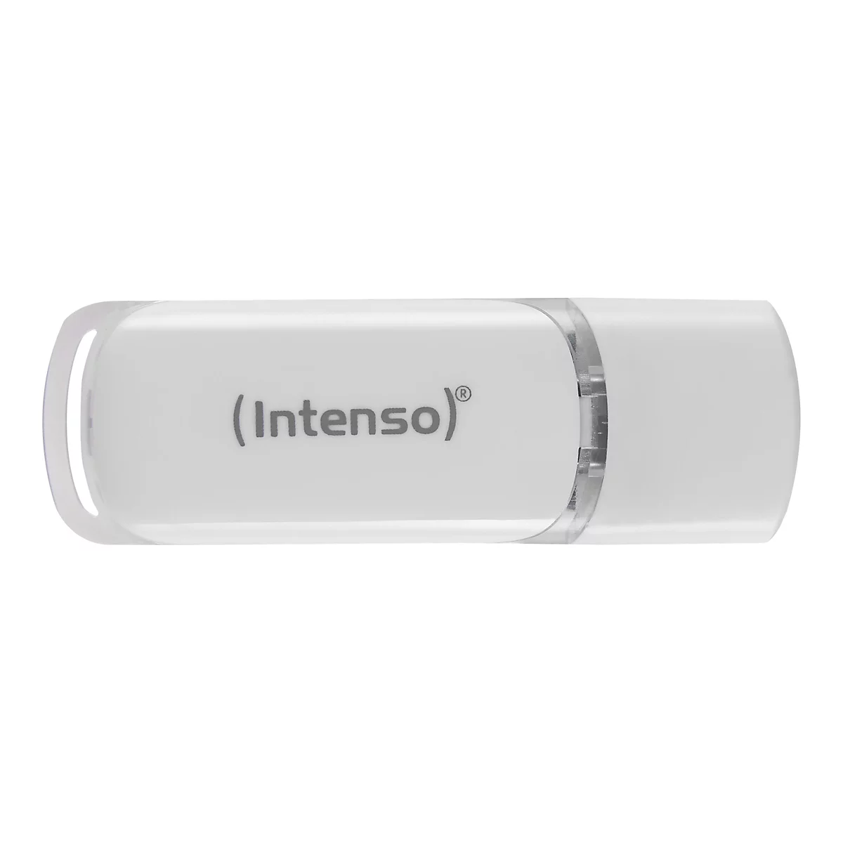 Ein weißer USB-Stick mit dem Schriftzug (Intenso).