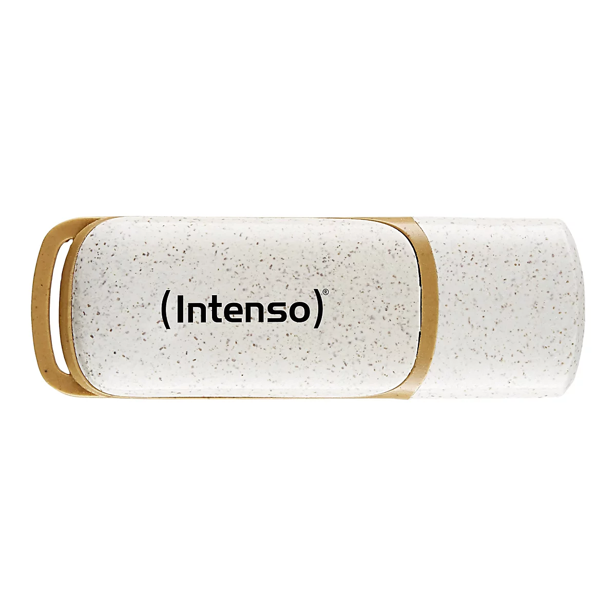 Ein weißer USB-Stick mit braunen Akzenten und dem Logo "(Intenso)".