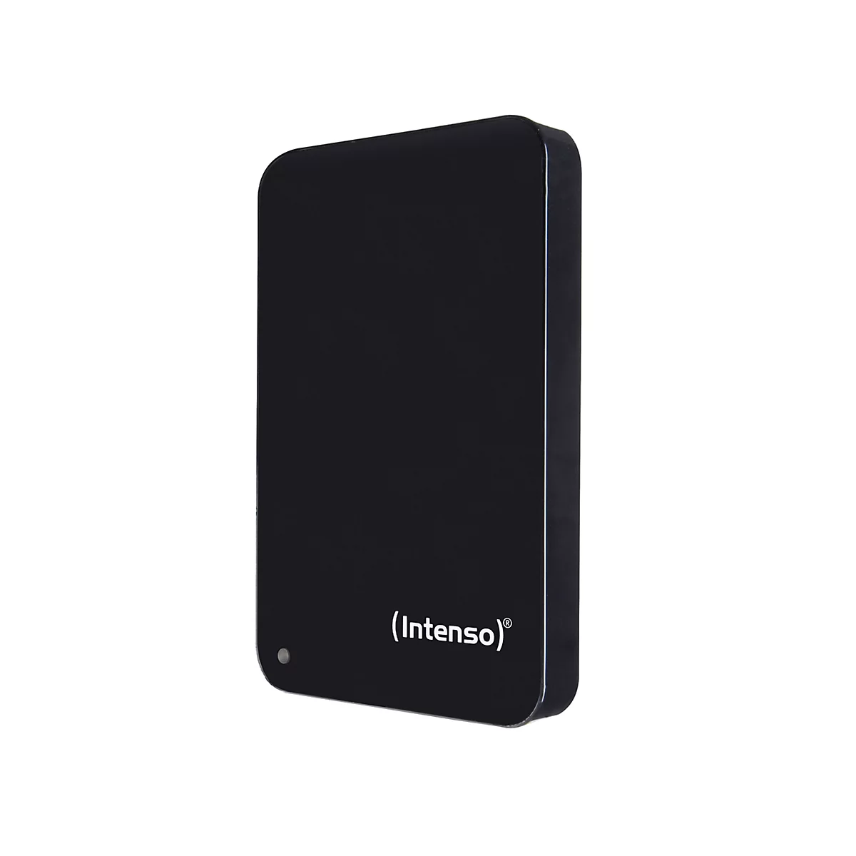 Un disque dur externe noir et rectangulaire avec le nom de marque 'Intenso' en lettres blanches.