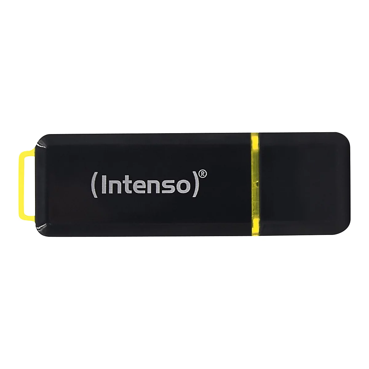 Schwarzer Intenso USB-Stick mit gelber Öse und gelbem Zierstreifen vor weißem Hintergrund.