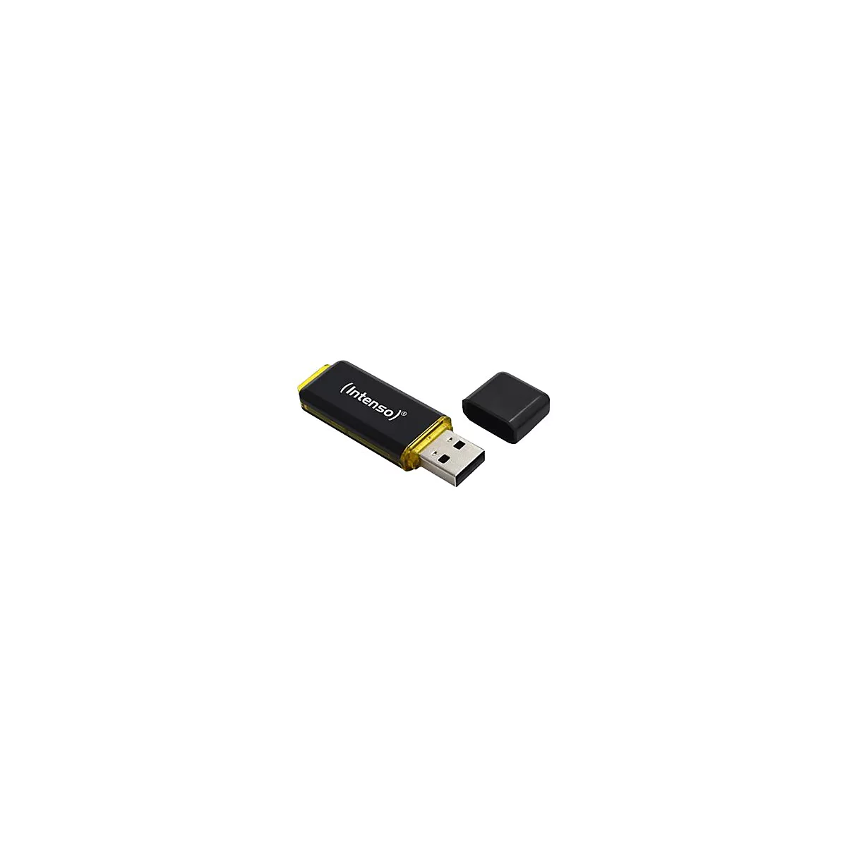 Schwarzer Intenso USB-Stick mit gelbem Gehäuserand und abgenommener Schutzkappe.