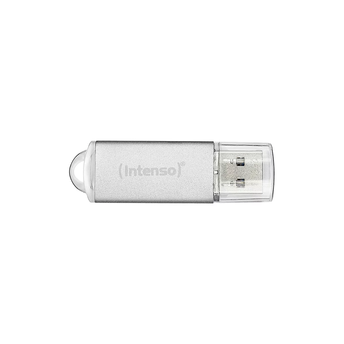 Silberner USB-Stick der Marke Intenso mit transparenter Schutzkappe vor weißem Hintergrund.
