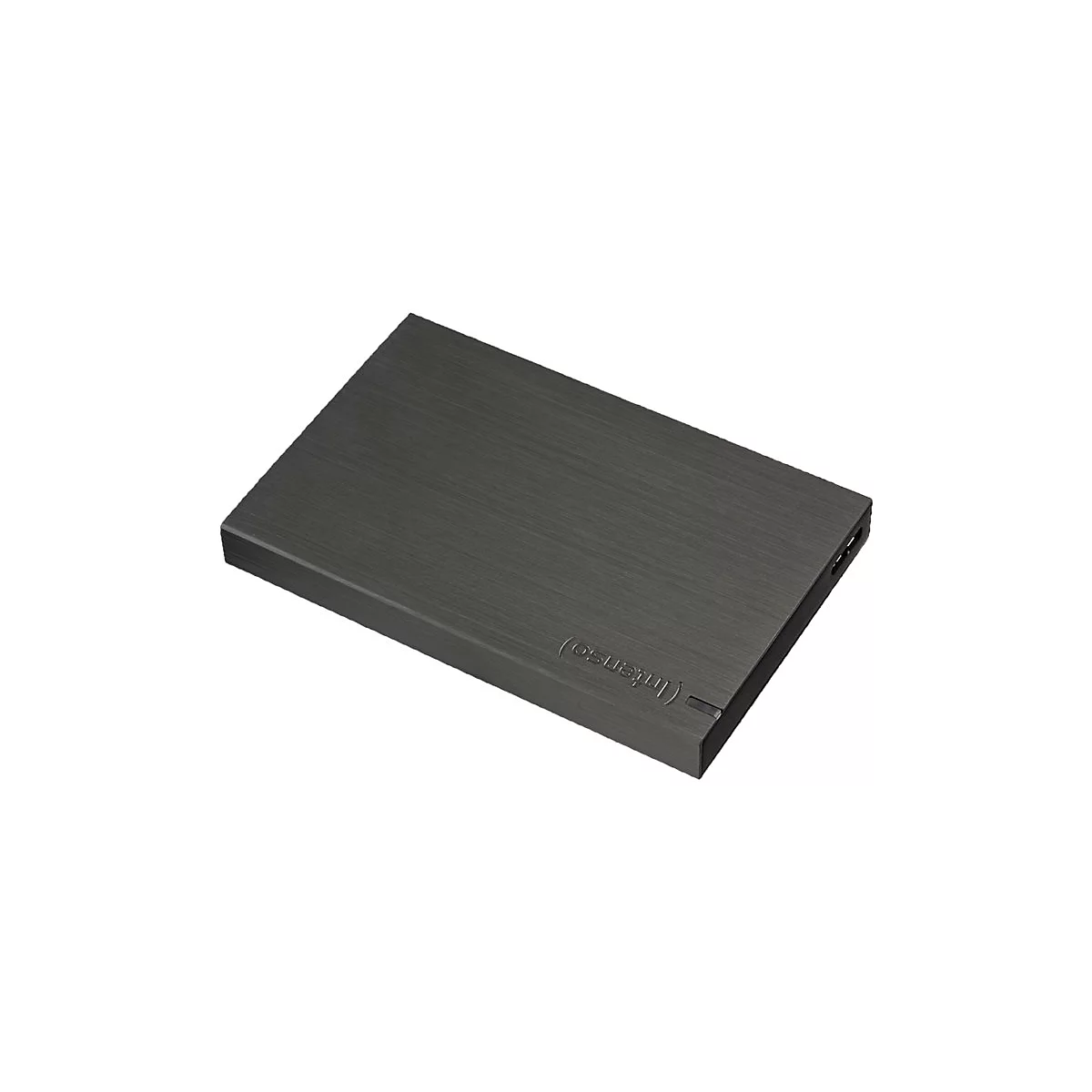 Disque dur externe gris foncé. L'inscription "(Intenso)" est visible sur la surface.
