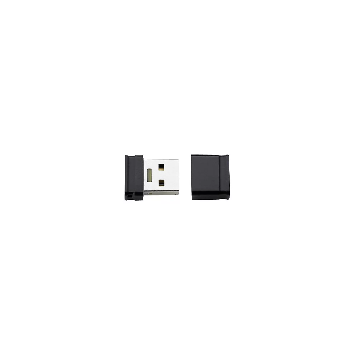 Schwarzer USB-Stick mit silbernem Stecker. Die Schutzkappe liegt daneben.