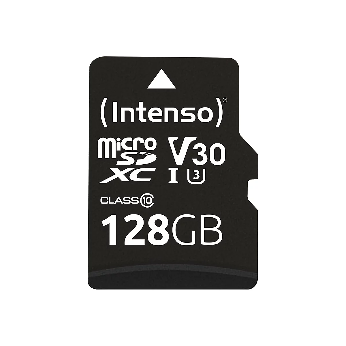 Carte microSD noire avec lettrage blanc Intenso, V30, XC I 3, Classe 10, 128 Go.