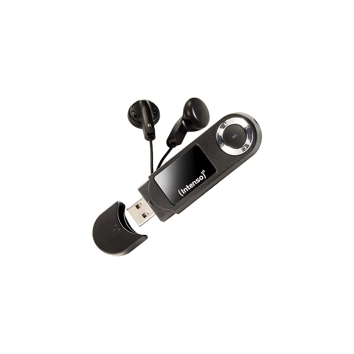 Schwarzer Intenso MP3-Player mit USB-Stecker, Display und angeschlossenen In-Ear-Kopfhörern vor weißem Hintergrund.