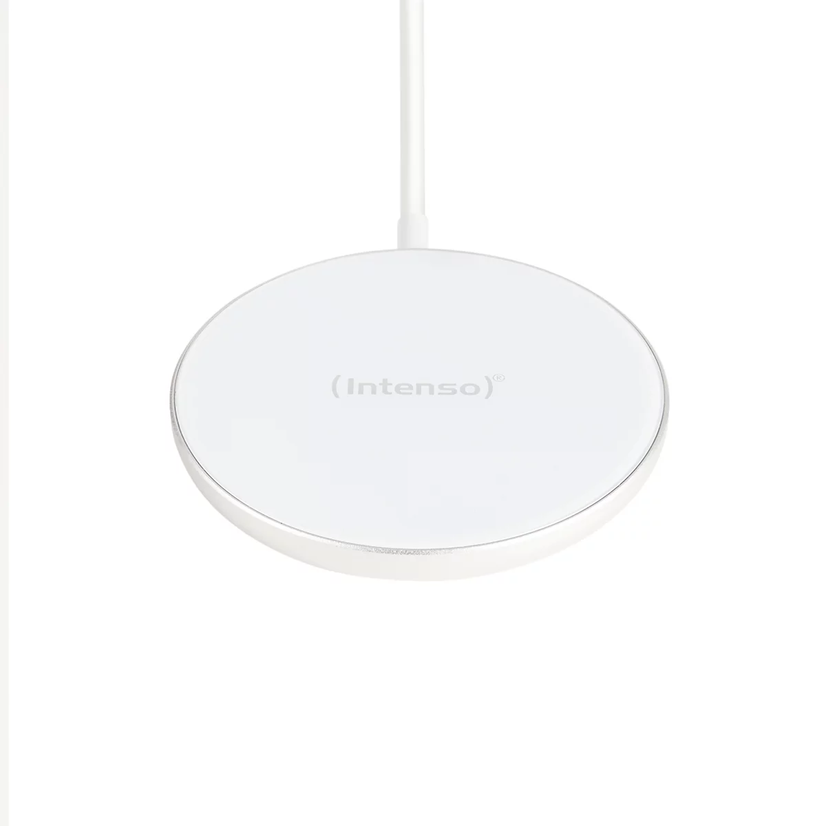 Draufsicht auf ein weißes kabelloses Ladegerät mit Kabel, silberner Umrandung und 'Intenso'-Logo.