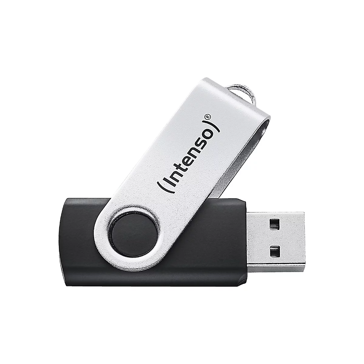 Schwarzer USB-Stick mit schwenkbarem, silbernem Metallgehäuse und Intenso-Logo auf weißem Hintergrund.