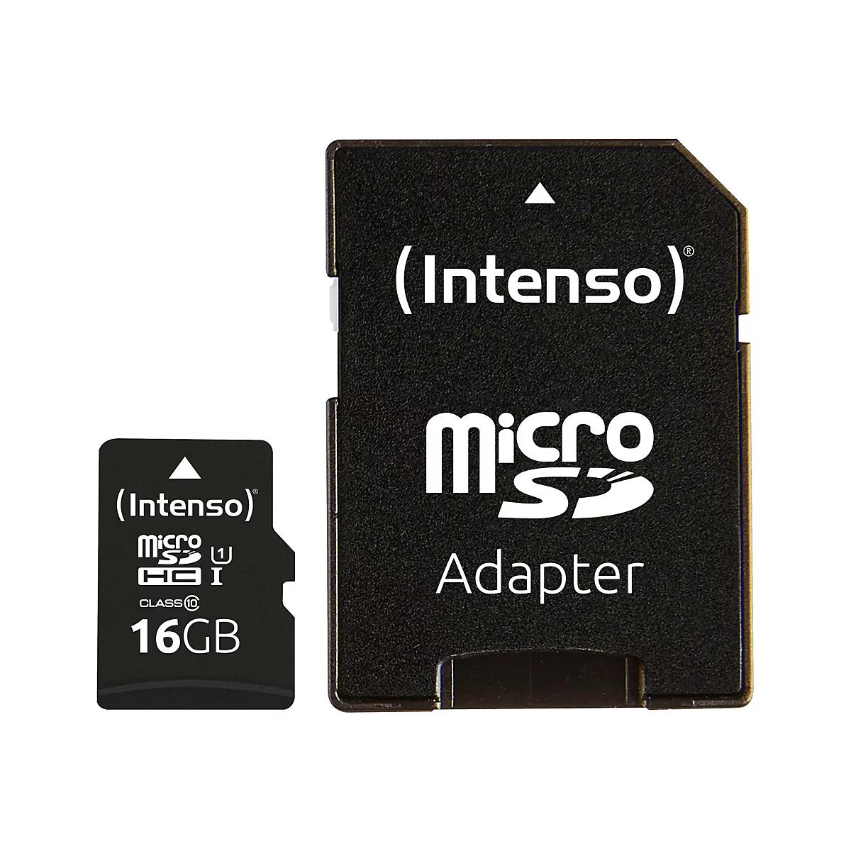 Schwarzer MicroSD-Adapter und Karte von Intenso. Adapter mit Schriftzug 'MicroSD Adapter', Karte: 16GB.