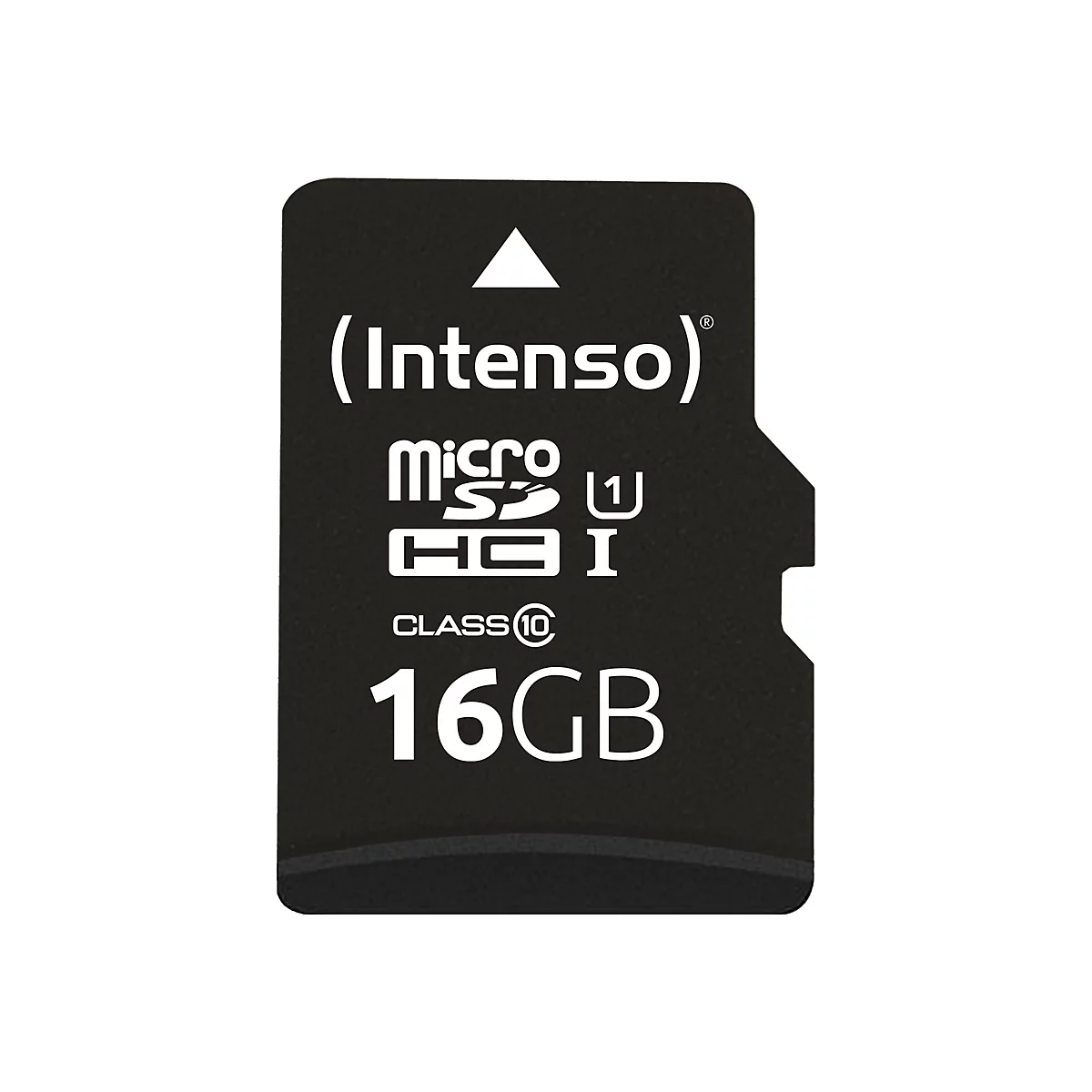 Schwarze Micro-SD-Karte mit weiÃŸer Schrift. Aufschrift: Intenso, Micro SDHC, 16GB, Class 10.