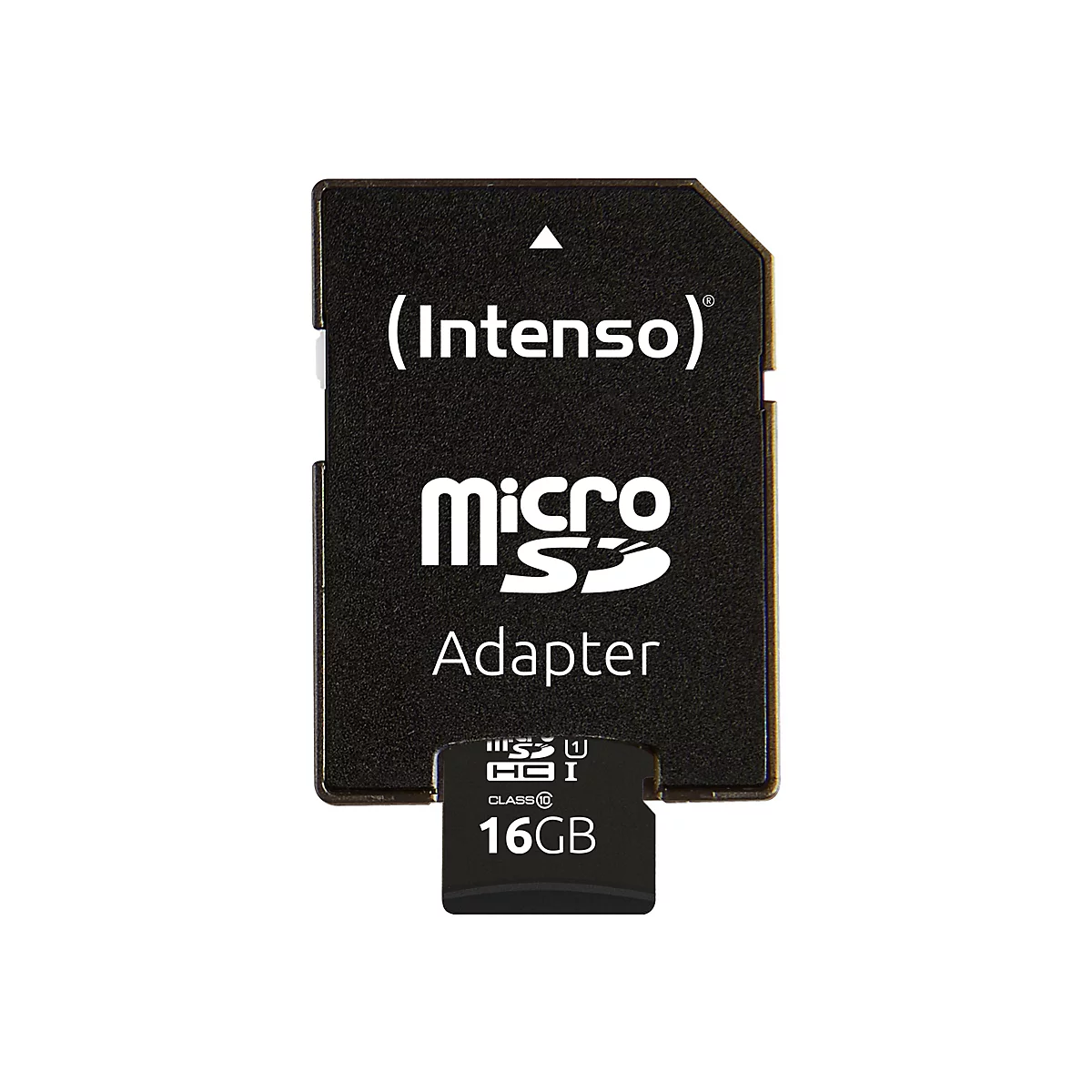 Schwarzer Intenso MicroSD-Adapter mit eingelegter 16GB MicroSD-Karte. Beschriftung: Intenso, Micro SD, Adapter.