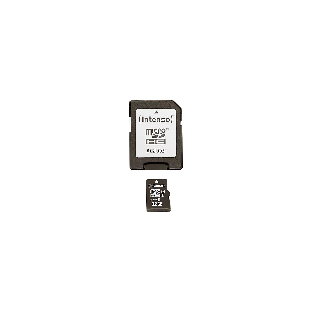 SD-Karte und Adapter von Intenso, vor weißem Hintergrund. Aufdruck: micro SDHC, 32GB.